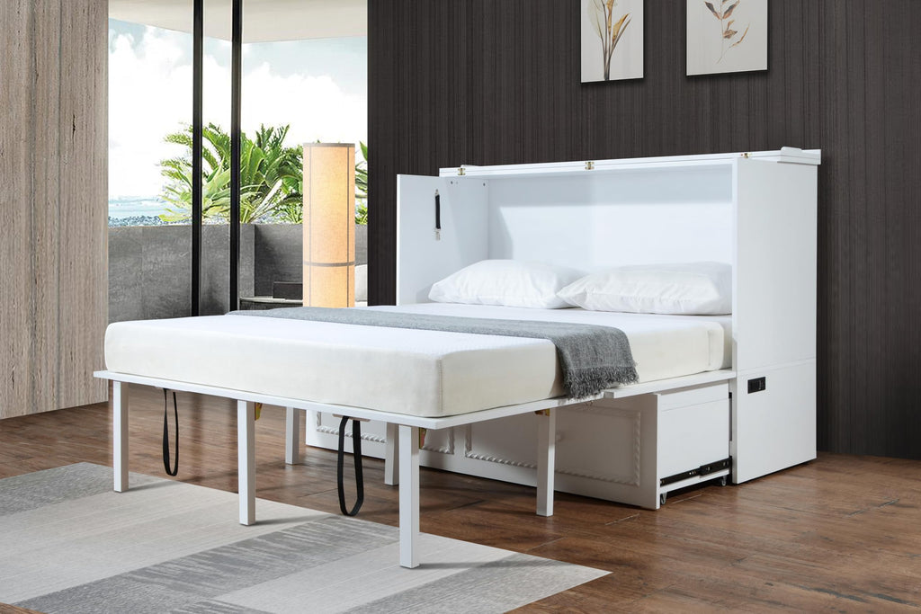 Mega Solutions Limited Edition Venetian Murphy Cabinet Bed with Deepest Storage Drawer On The Market and USB Charging Station (Queen, White)
