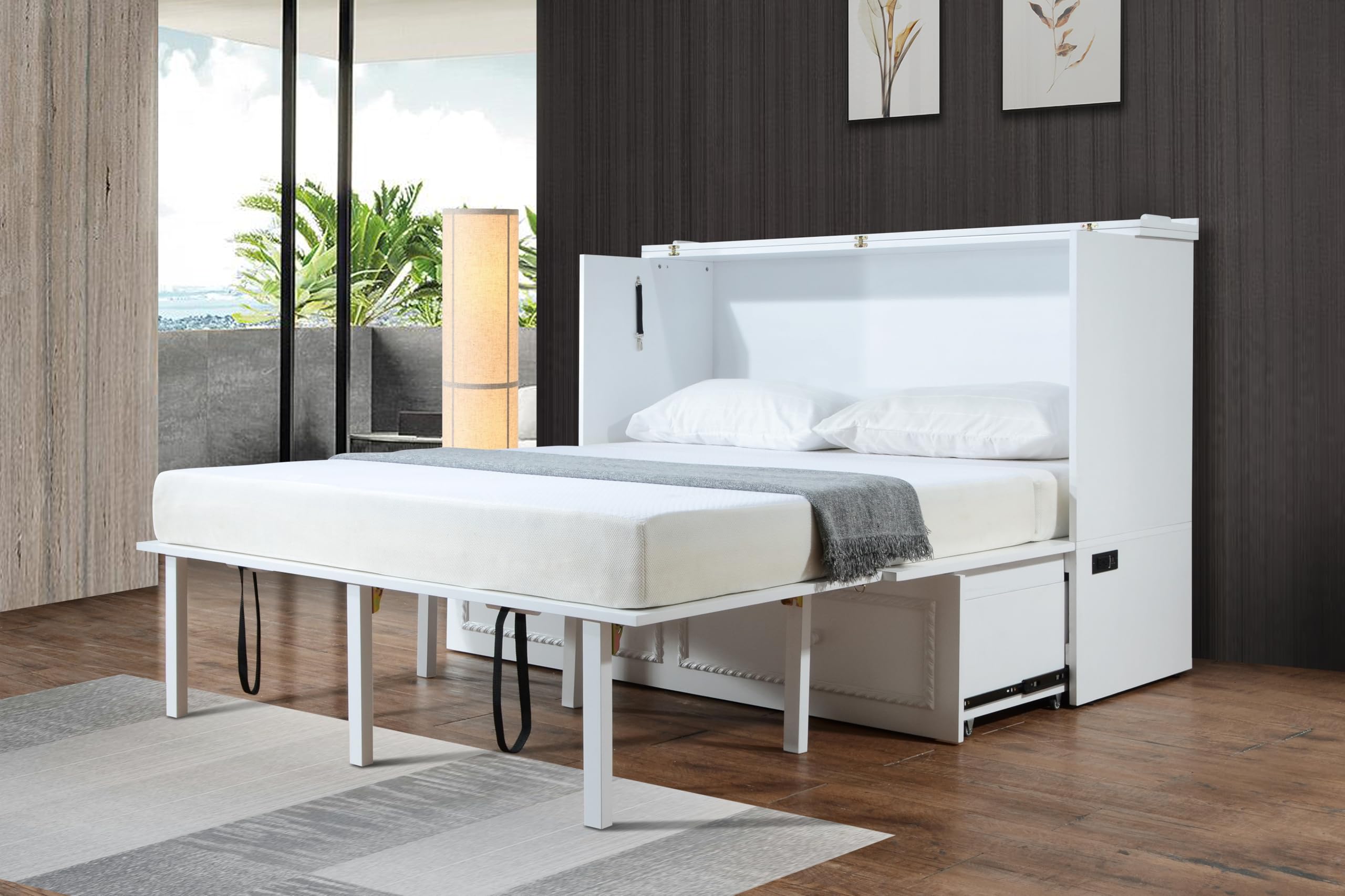 Mega Solutions Limited Edition Venetian Murphy Cabinet Bed with Deepest Storage Drawer On The Market and USB Charging Station (Queen, White)