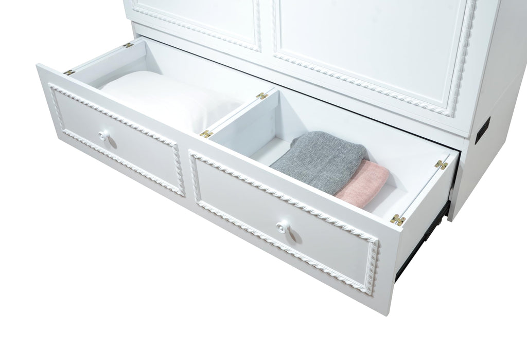 Mega Solutions Limited Edition Venetian Murphy Cabinet Bed with Deepest Storage Drawer On The Market and USB Charging Station (Queen, White)