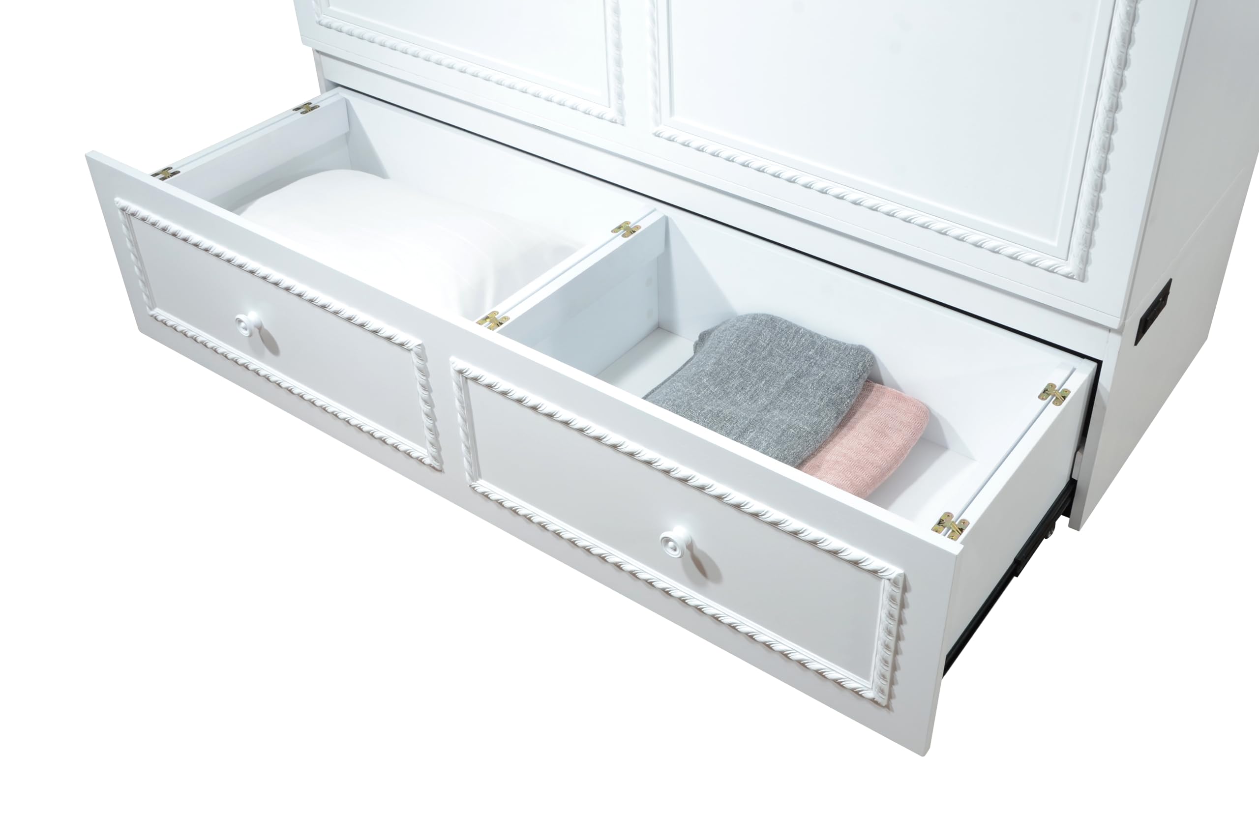 Mega Solutions Limited Edition Venetian Murphy Cabinet Bed with Deepest Storage Drawer On The Market and USB Charging Station (Queen, White)