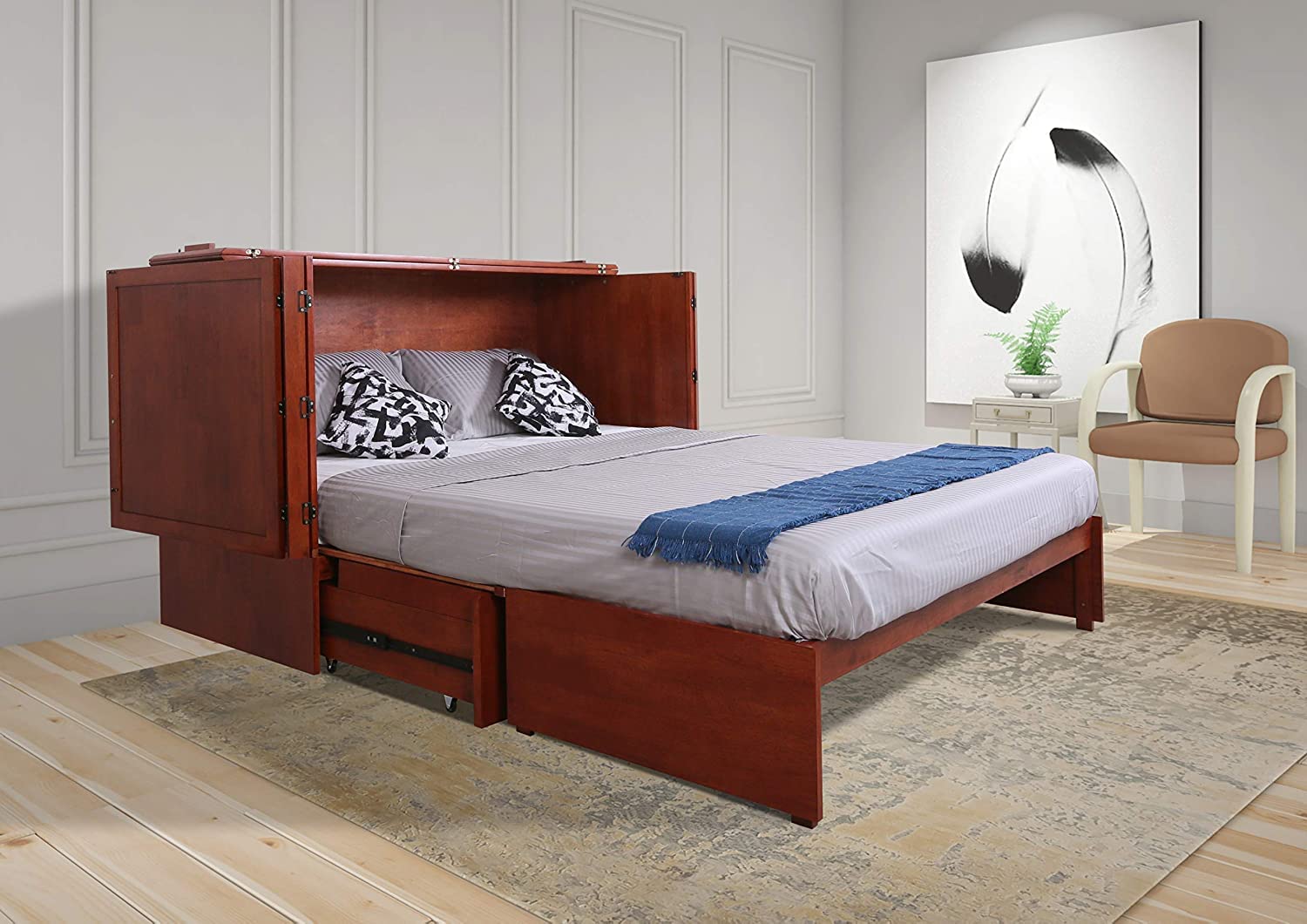 Emurphybed Daily Delight Murphy Cabinet Chest Bed with Charging Station & 6" Memory Foam Mattress, Queen