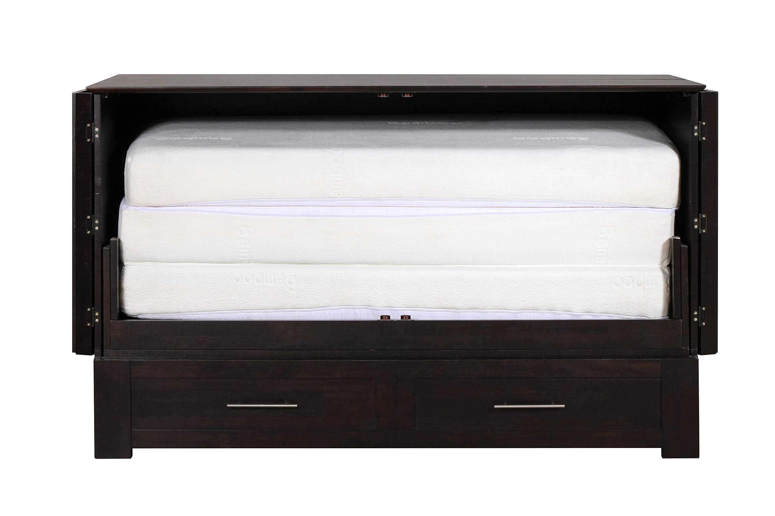 Emurphybed Daily Delight Murphy Cabinet Chest Bed with Charging Station & 8 Inch Memory Foam Mattress, Queen (Java)