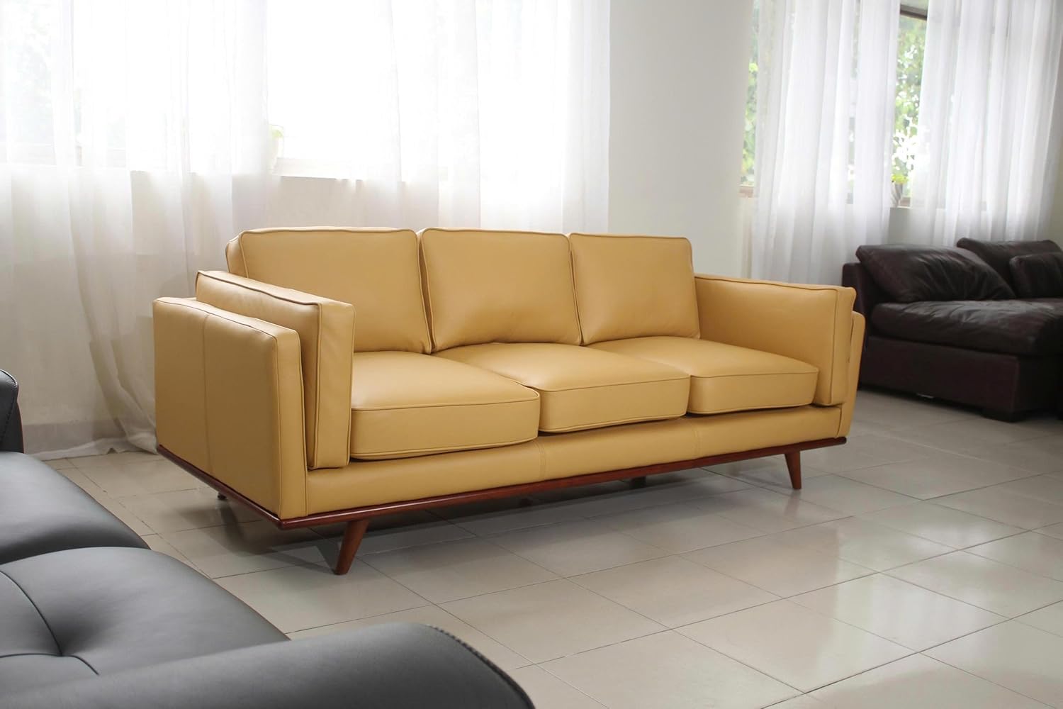 Savoy Full All Around Front and Back Italian Leather Sofa Mustard Yellow