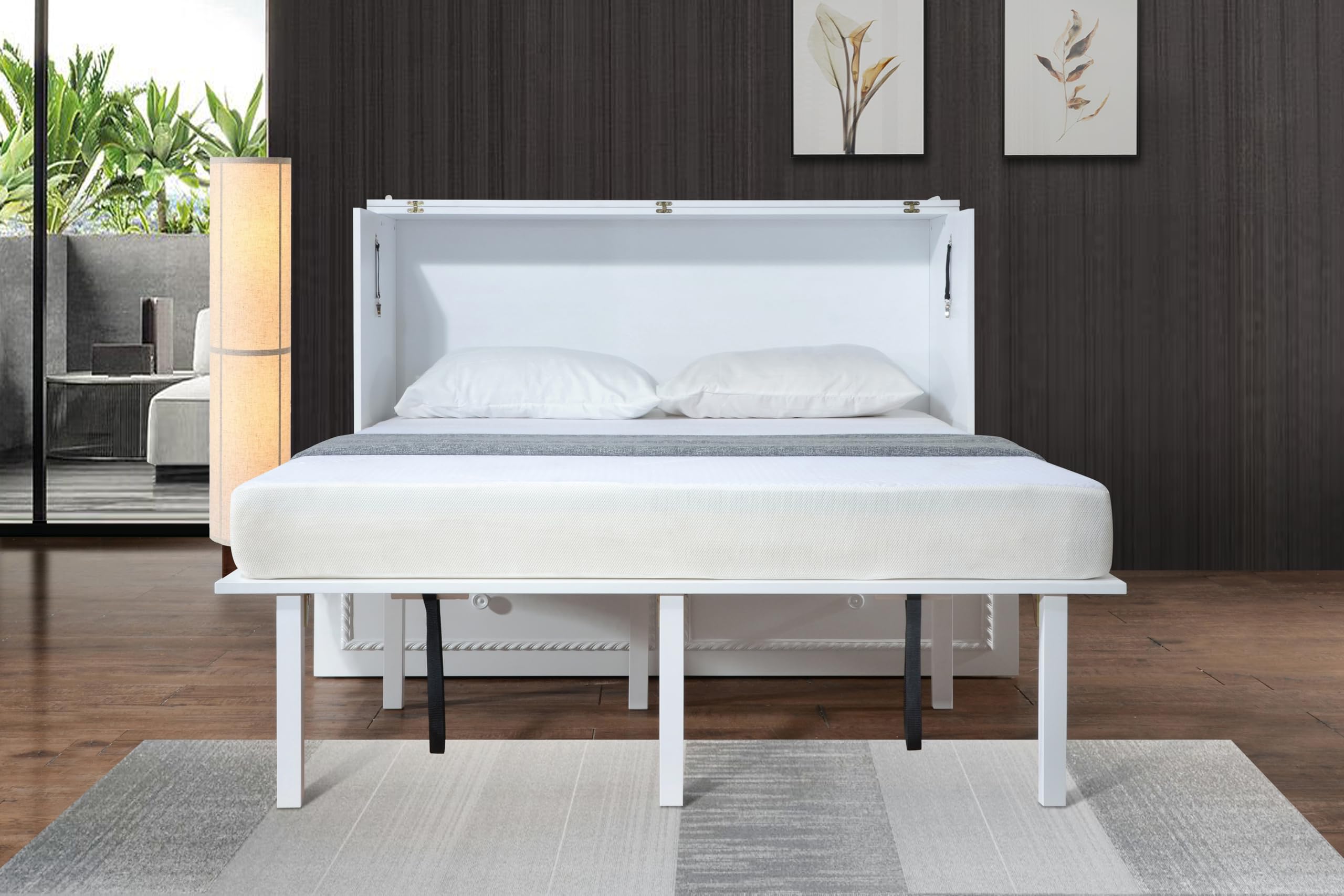 Mega Solutions Limited Edition Venetian Murphy Cabinet Bed with Deepest Storage Drawer On The Market and USB Charging Station (Queen, White)