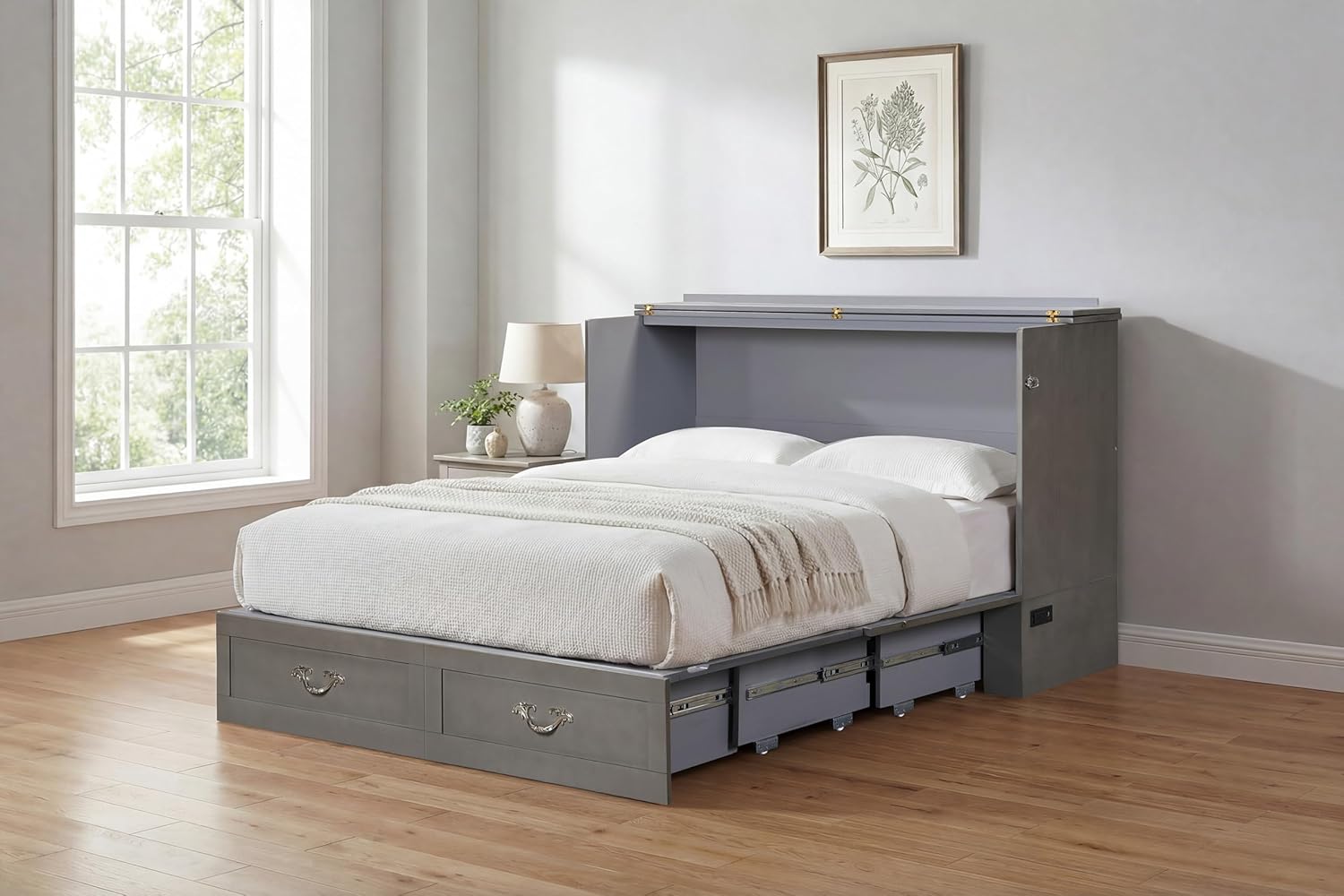 Palermo Cabinet Chest Bed w/ Charging Station 6 Inch, Queen (Silver Mist Grey)