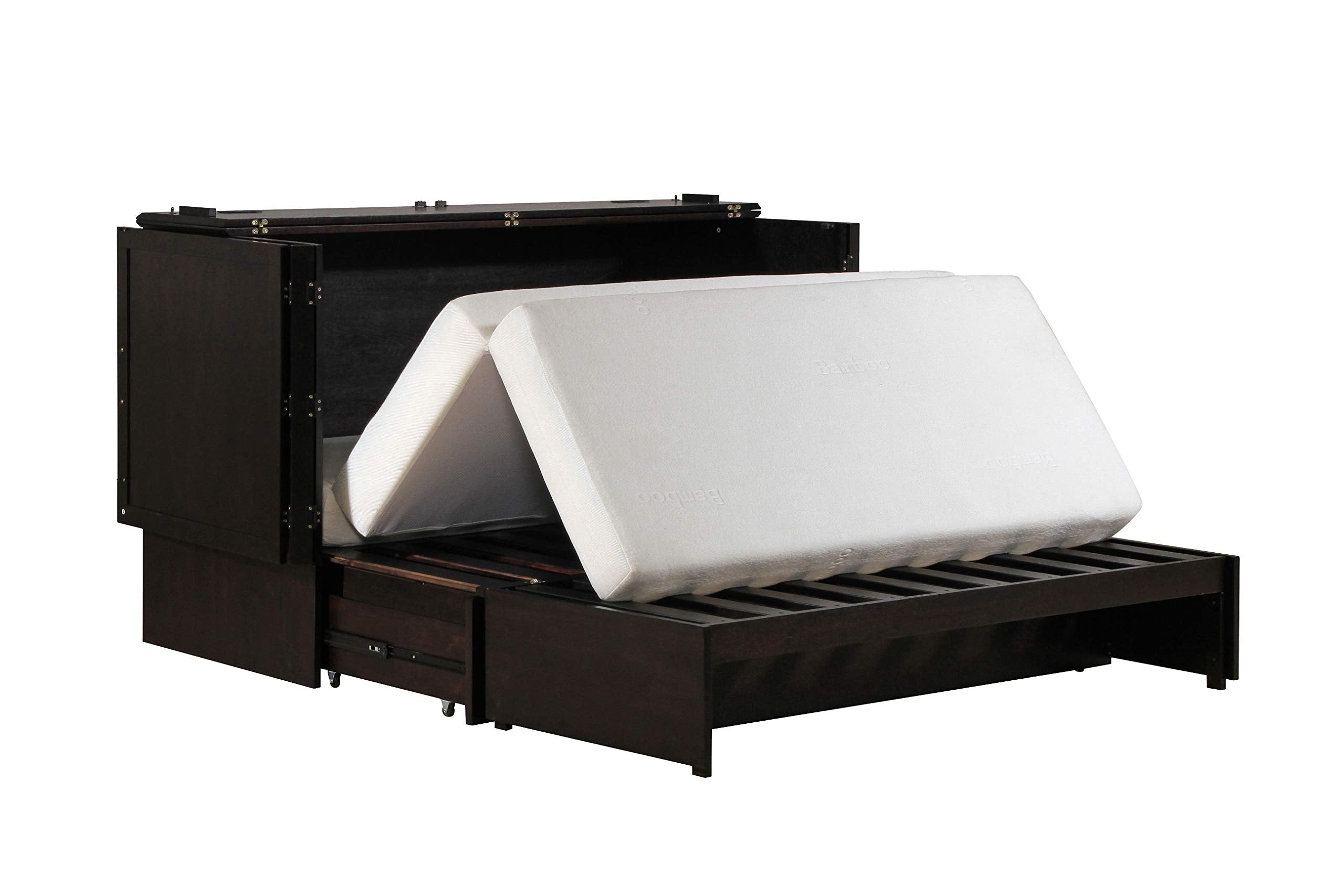 Emurphybed Daily Delight Murphy Cabinet Chest Bed with Charging Station & 8 Inch Memory Foam Mattress, Queen (Java)