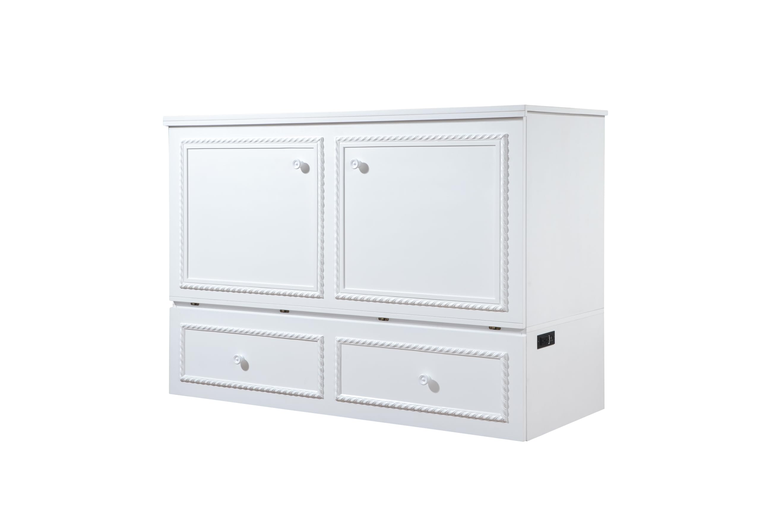 Mega Solutions Limited Edition Venetian Murphy Cabinet Bed with Deepest Storage Drawer On The Market and USB Charging Station (Queen, White)