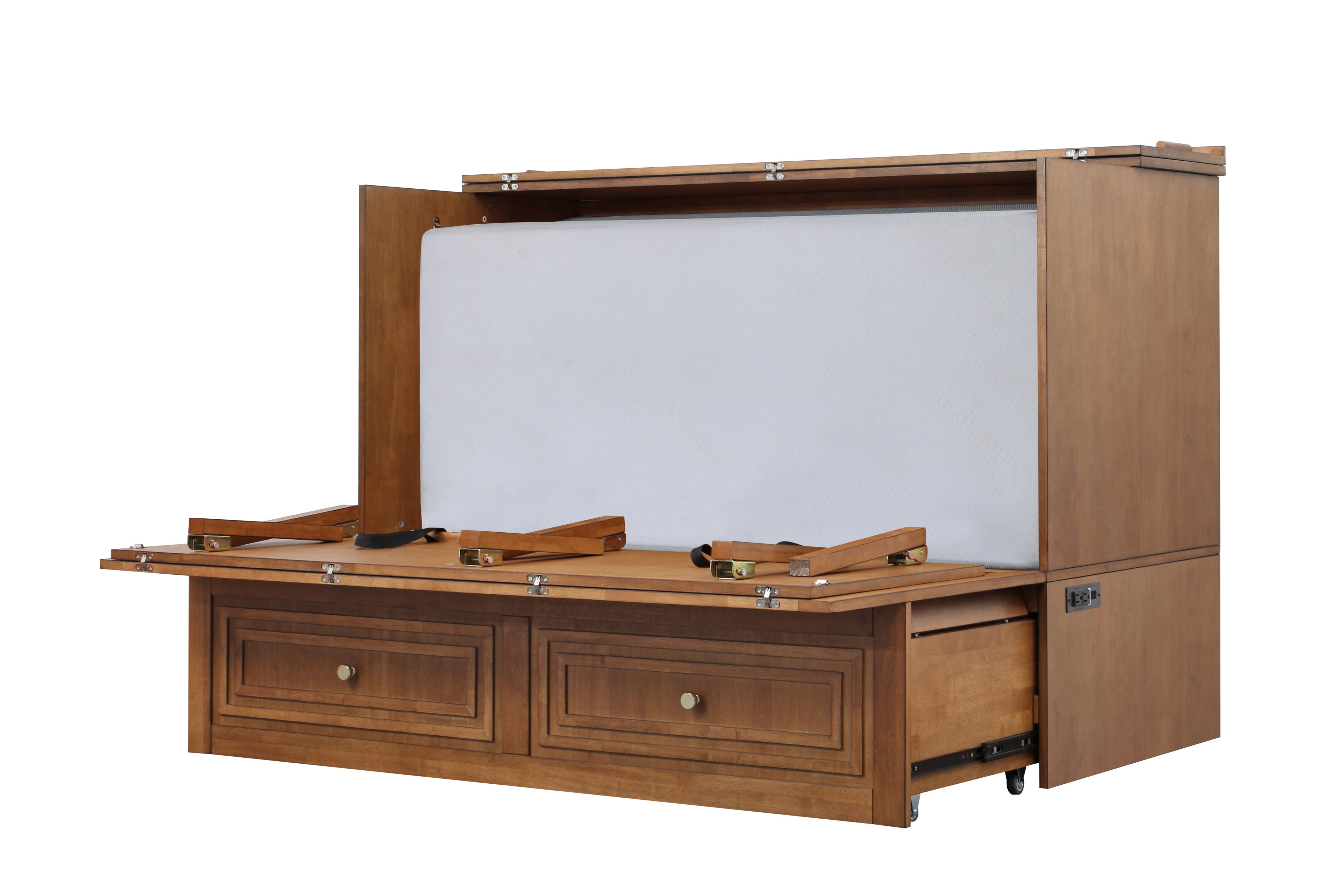 Mega Solutions Limited Edition Pompei Murphy Cabinet Chest Bed with Charging Station 8 Inch Queen Honey Oak