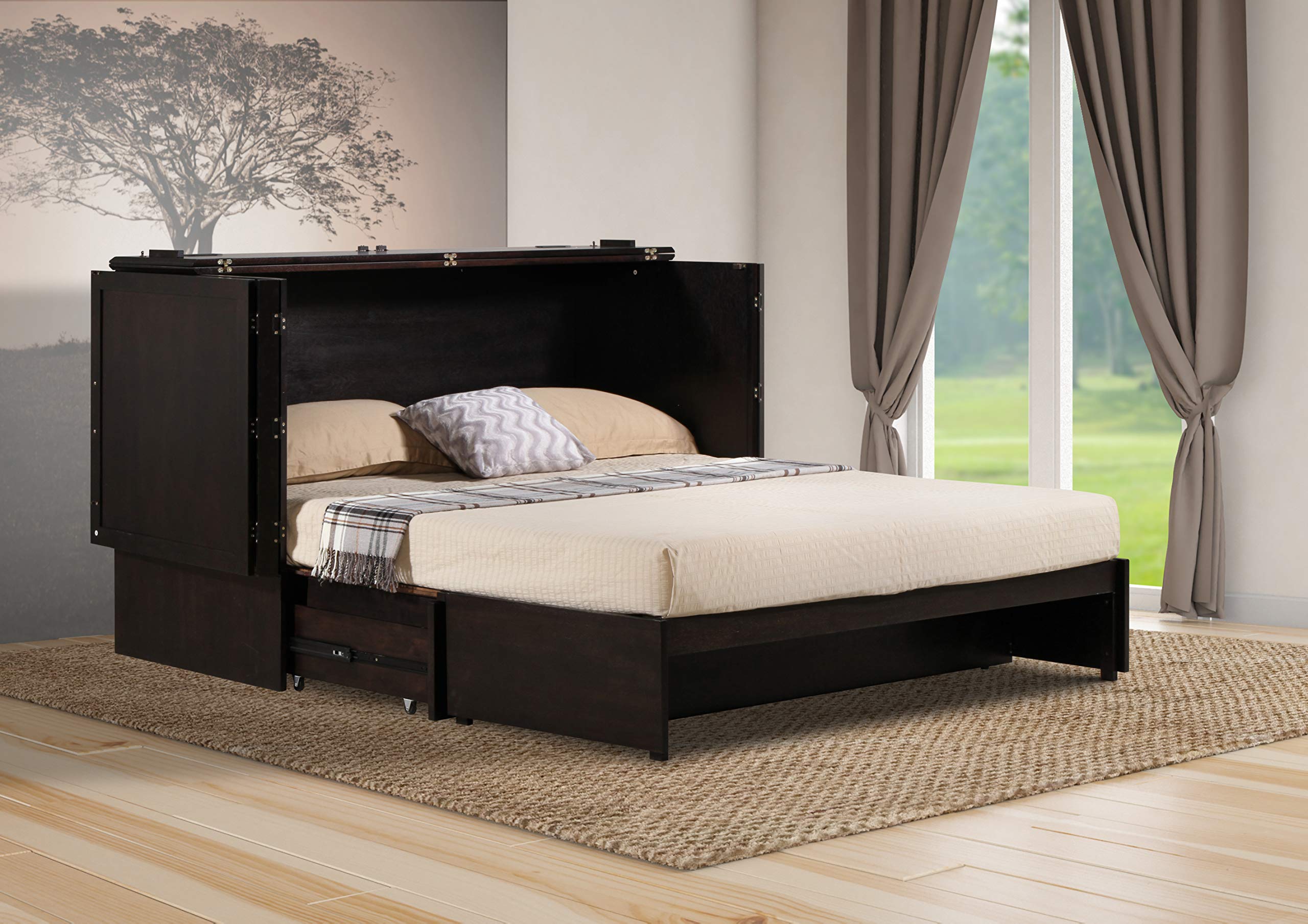 Emurphybed Daily Delight Murphy Cabinet Chest Bed with Charging Station & 8 Inch Memory Foam Mattress, Queen (Java)