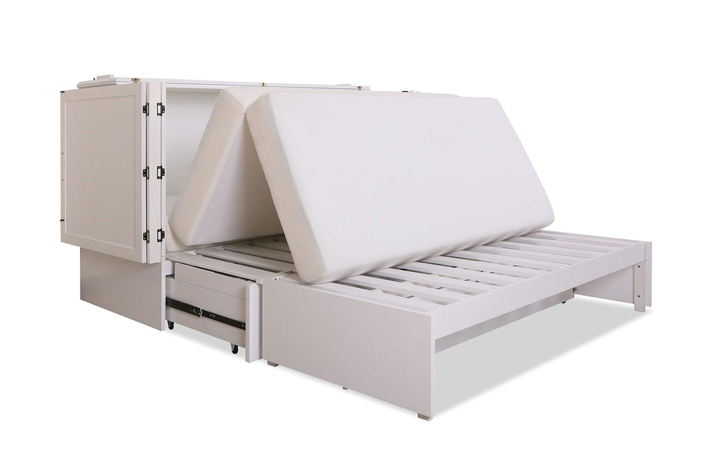 Emurphybed Daily Delight Murphy Cabinet Chest Bed with Charging Station & 6" Memory Foam Mattress, Queen (White)