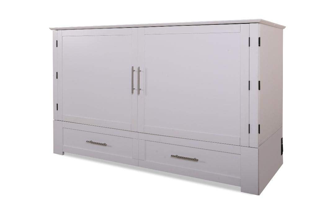 Emurphybed Daily Delight Murphy Cabinet Chest Bed with Charging Station & 6" Memory Foam Mattress, Queen (White)